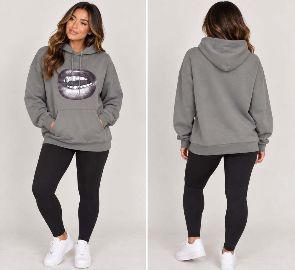 Y2K Streetwear Edgy Graphic Lips Gray Hoodie SHEIN Size Small
